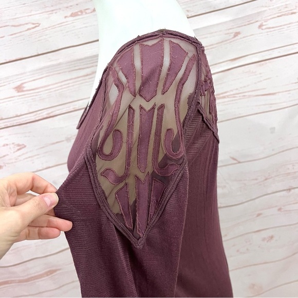 Free People The Gatsby Embroidered Mesh Wine Long Sleeve V-Neck Tee Tunic Top - Picture 9 of 14